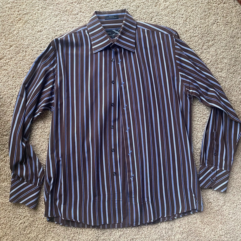 Vtg MBX Men’s Dress Shirt Brown Light Blue Stripe Large Budweiser Select…